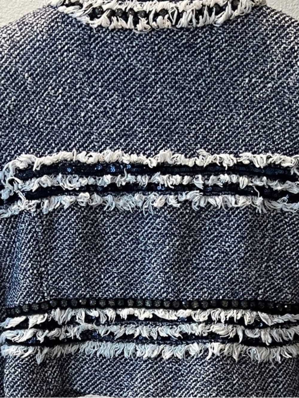 Tory Burch Rosemary Tweed Jacket
Size 10 Navy Blue Fringe
Sequin Crop Blazer - Picture 2 of 5